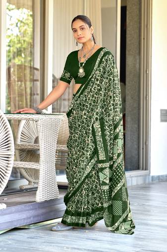 Green soft cotton hand block batik print saree with matching blouse piece-ready to wear