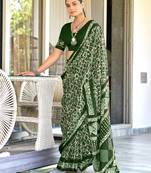 Green soft cotton hand block batik print saree with matching blouse piece-ready to wear