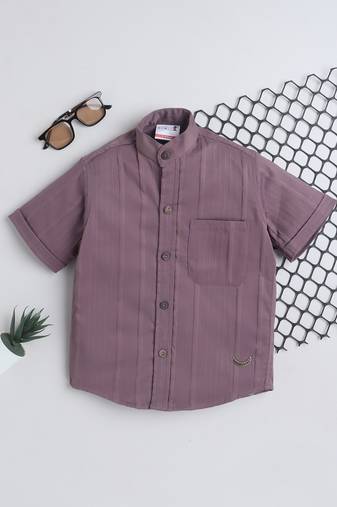 Plum cotton double cloth designer half sleeves mandarin collar shirt for girls and boys