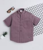 Plum cotton double cloth designer half sleeves mandarin collar shirt for girls and boys