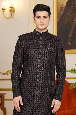 black computer thread work on velvet sherwani with faux satin pajama for mens 3