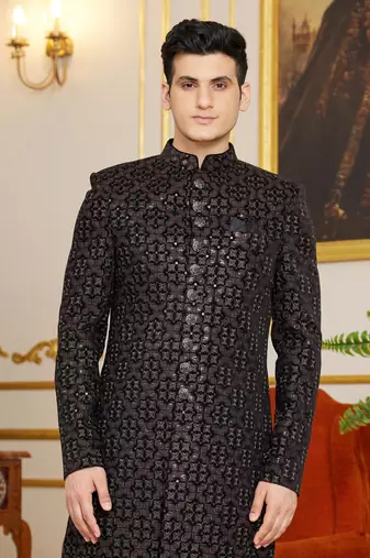 black computer thread work on velvet sherwani with faux satin pajama for mens
