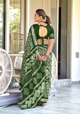 Green soft cotton hand block batik print saree with matching blouse piece-ready to wear 2