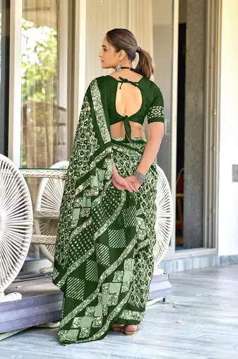 Green soft cotton hand block batik print saree with matching blouse piece-ready to wear