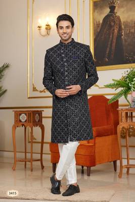 black computer thread work on velvet sherwani with faux satin pajama for mens 1