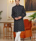 Black computer thread work on velvet sherwani with faux satin pajama for mens