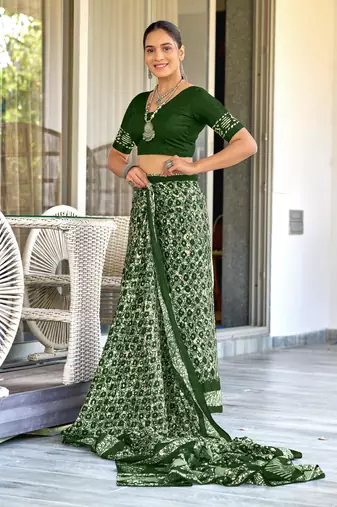 Green soft cotton hand block batik print saree with matching blouse piece-ready to wear