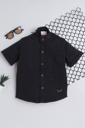 Black cotton double cloth designer half sleeves mandarin collar shirt for girls and boys