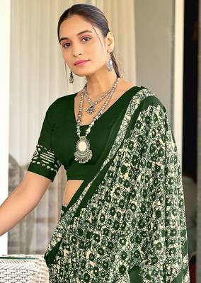 Green soft cotton hand block batik print saree with matching blouse piece-ready to wear 4