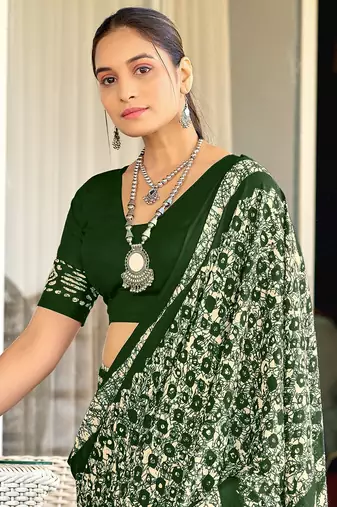 Green soft cotton hand block batik print saree with matching blouse piece-ready to wear