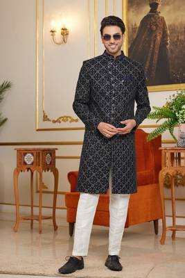 black computer thread work on velvet sherwani with faux satin pajama for mens 2