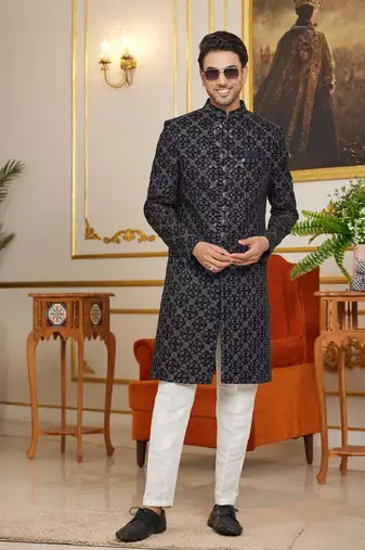 black computer thread work on velvet sherwani with faux satin pajama for mens