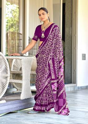 Purple soft cotton hand block batik print saree with matching blouse piece-ready to wear 1