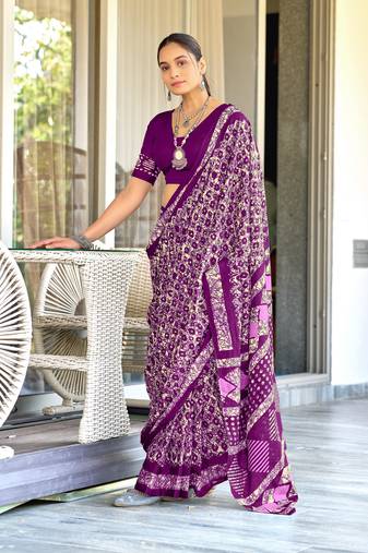 Purple soft cotton hand block batik print saree with matching blouse piece-ready to wear