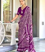 Purple soft cotton hand block batik print saree with matching blouse piece-ready to wear