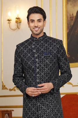 black computer thread work on velvet sherwani with faux satin pajama for mens 3