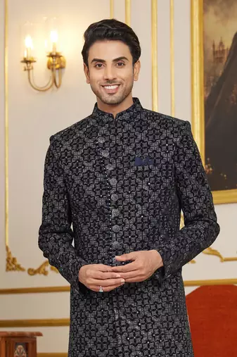 black computer thread work on velvet sherwani with faux satin pajama for mens