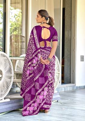 Purple soft cotton hand block batik print saree with matching blouse piece-ready to wear 2