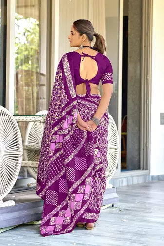 Purple soft cotton hand block batik print saree with matching blouse piece-ready to wear