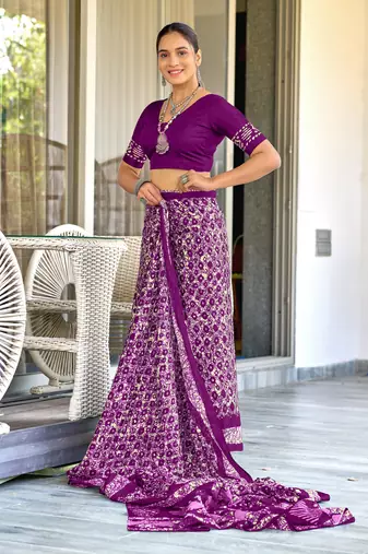 Purple soft cotton hand block batik print saree with matching blouse piece-ready to wear