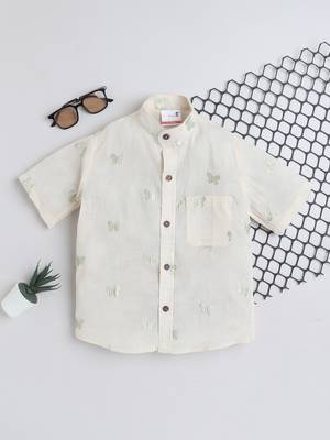Green cotton  half sleeves butterfly embraided mandarin collar shirt for girls and boys 1