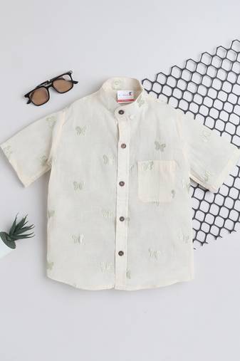 Green cotton  half sleeves butterfly embraided mandarin collar shirt for girls and boys