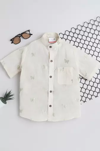 Green cotton  half sleeves butterfly embraided mandarin collar shirt for girls and boys