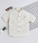 Green cotton  half sleeves butterfly embraided mandarin collar shirt for girls and boys
