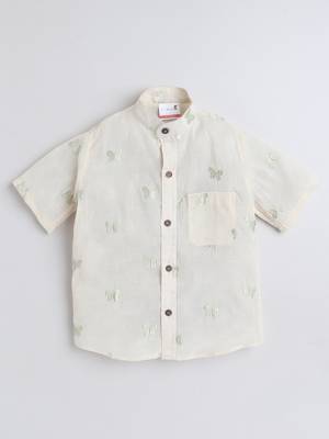 Green cotton  half sleeves butterfly embraided mandarin collar shirt for girls and boys 2