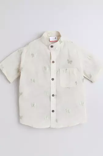 Green cotton  half sleeves butterfly embraided mandarin collar shirt for girls and boys