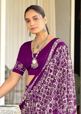 Purple soft cotton hand block batik print saree with matching blouse piece-ready to wear 4