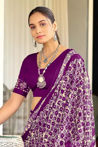 Purple soft cotton hand block batik print saree with matching blouse piece-ready to wear