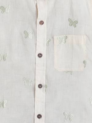 Green cotton  half sleeves butterfly embraided mandarin collar shirt for girls and boys 3
