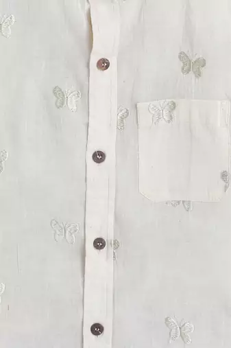 Green cotton  half sleeves butterfly embraided mandarin collar shirt for girls and boys