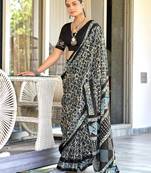 Black soft cotton hand block batik print saree with matching blouse piece-ready to wear
