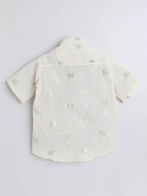 Green cotton  half sleeves butterfly embraided mandarin collar shirt for girls and boys 4