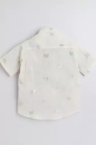 Green cotton  half sleeves butterfly embraided mandarin collar shirt for girls and boys