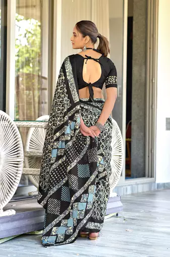 Black soft cotton hand block batik print saree with matching blouse piece-ready to wear