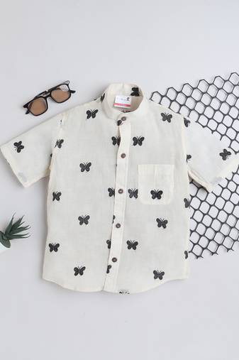 Black cotton  half sleeves butterfly embraided mandarin collar shirt for girls and boys