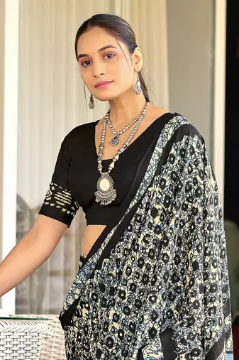 Black soft cotton hand block batik print saree with matching blouse piece-ready to wear