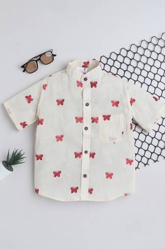 Red cotton  half sleeves butterfly embraided mandarin collar shirt for girls and boys