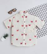 Red cotton  half sleeves butterfly embraided mandarin collar shirt for girls and boys