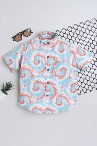 Multicolour cotton  half sleeves swirl printed mandarin collar shirt for girls and boys