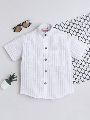 White cotton linen half sleeves striped mandarin collar shirt for girls and boys 1