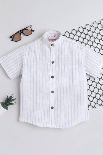 White cotton linen half sleeves striped mandarin collar shirt for girls and boys