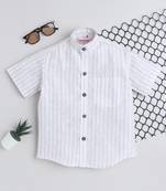 White cotton linen half sleeves striped mandarin collar shirt for girls and boys