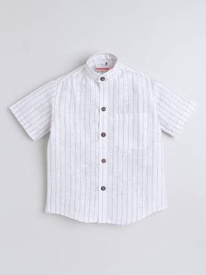 White cotton linen half sleeves striped mandarin collar shirt for girls and boys 2