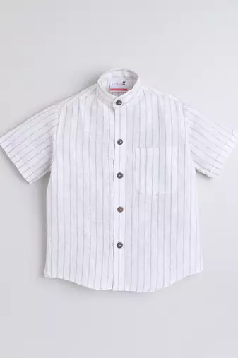White cotton linen half sleeves striped mandarin collar shirt for girls and boys