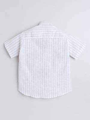 White cotton linen half sleeves striped mandarin collar shirt for girls and boys 3