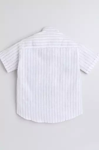 White cotton linen half sleeves striped mandarin collar shirt for girls and boys